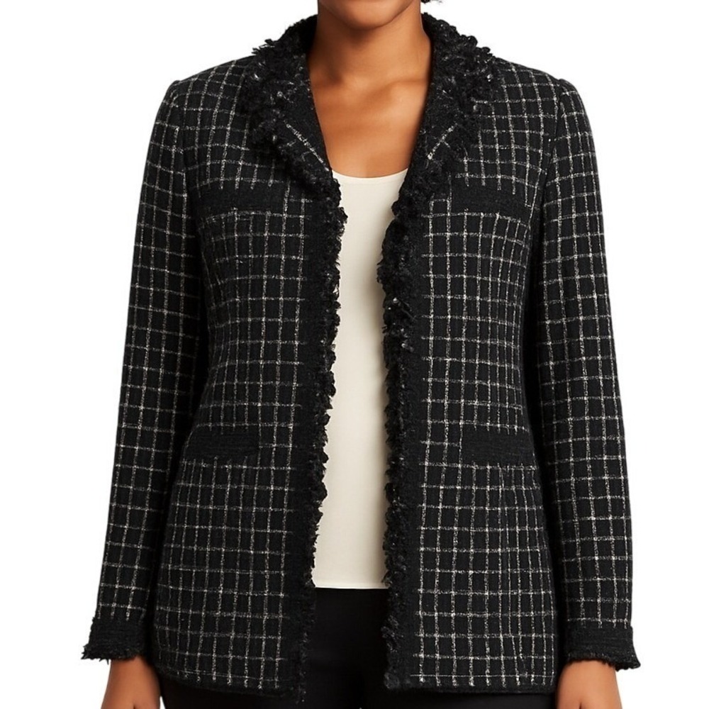 Katherine New York Plaid Tweed Ruffle Jacket Women's Black White Career Coat New